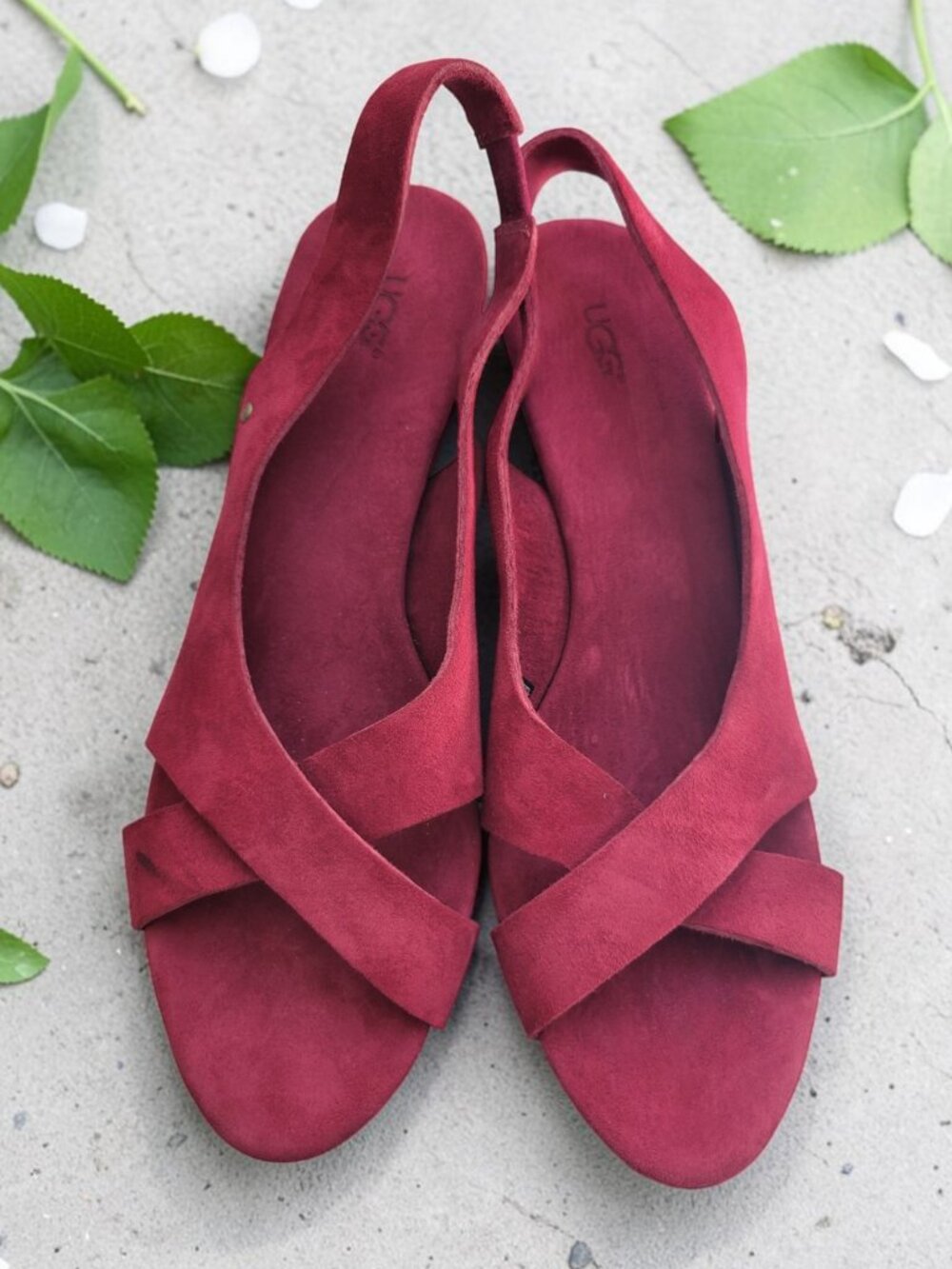 UGG Crimson Suede Crisscross Strap Slingback Wedge Sandal Fall Date Night sz 8
